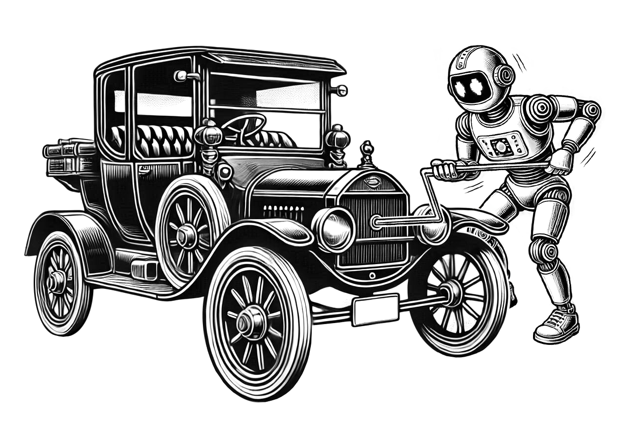 Robot cranking an old car